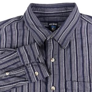 Kuhl Men's Large Long Sleeve Button Front Gray Blue White Striped Shirt Hiking